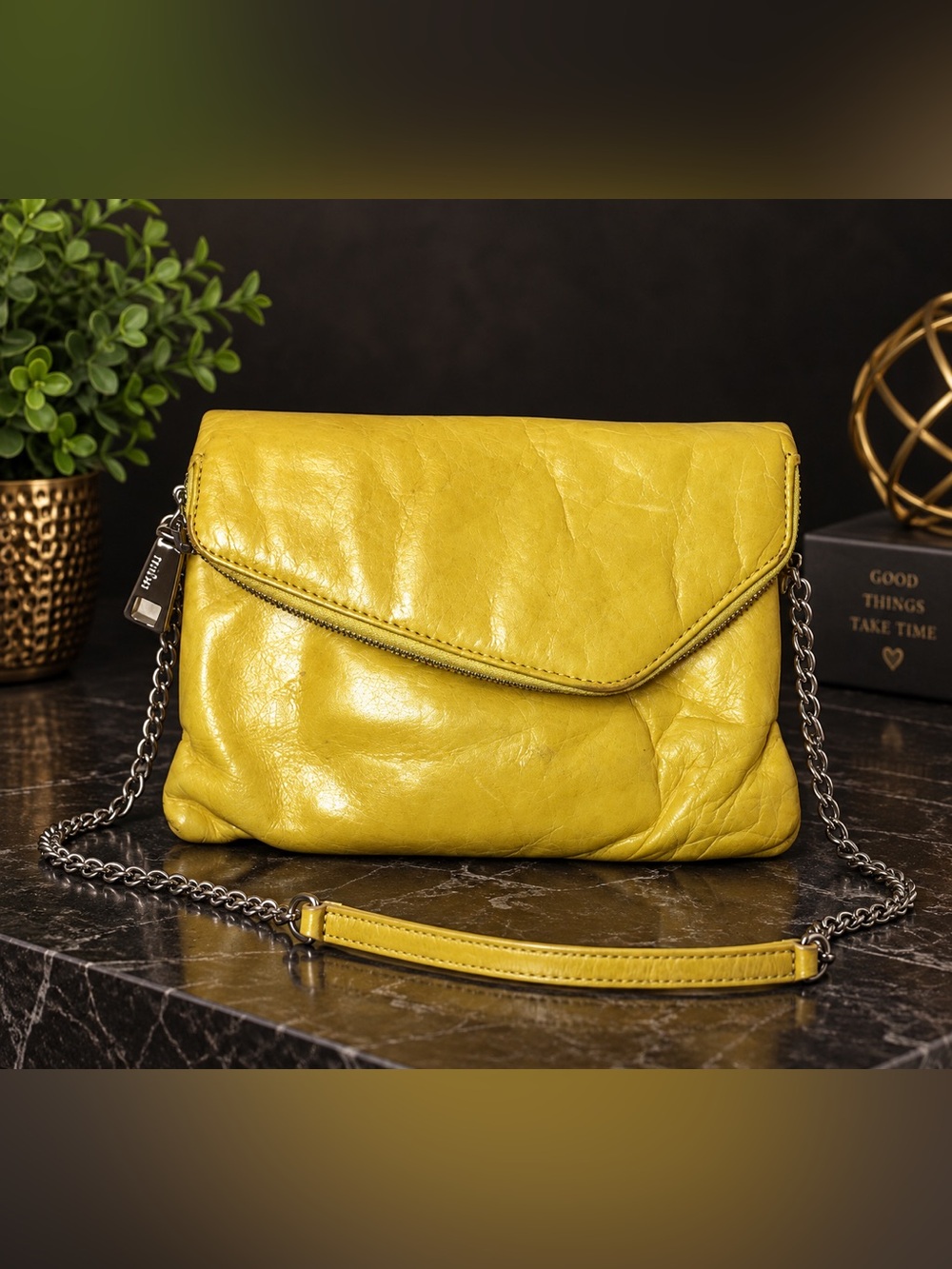 HOBO Yellow Leather Chain Crossbody Envelope Bag
